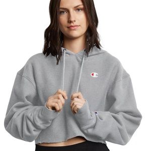 Champion HEATHER GRAY Reverse Weave Cut-Off Cropped C-Logo Hoodie (Size: Small)
